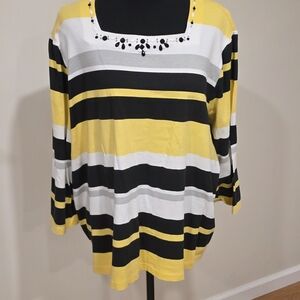 Alfred Dunner Yellow and Black Striped Long Sleeve Top